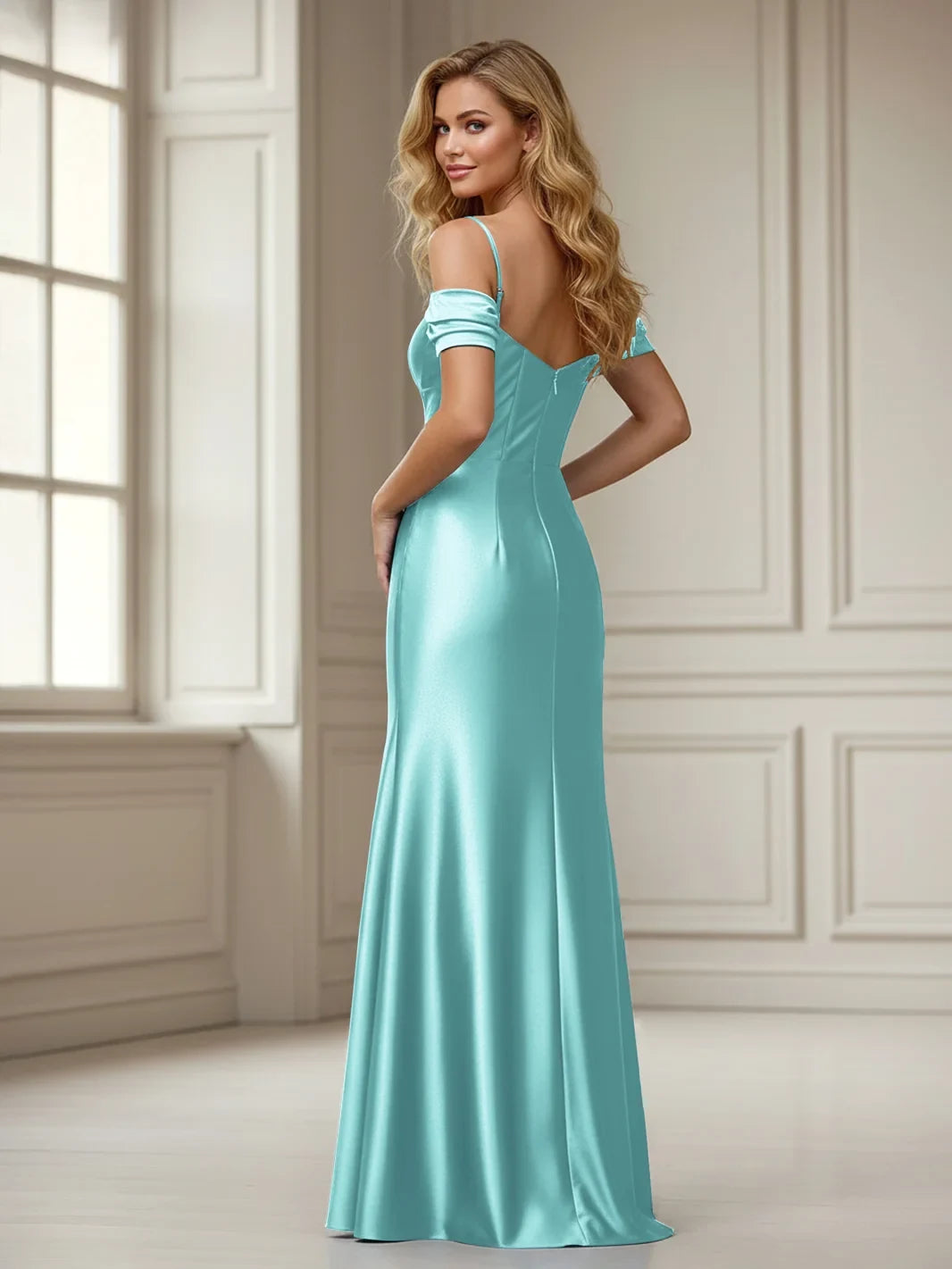 Elegant Fitted Off-Shoulder Sweetheart Draped Slit Teal Floor-Length Prom Dresses for Women