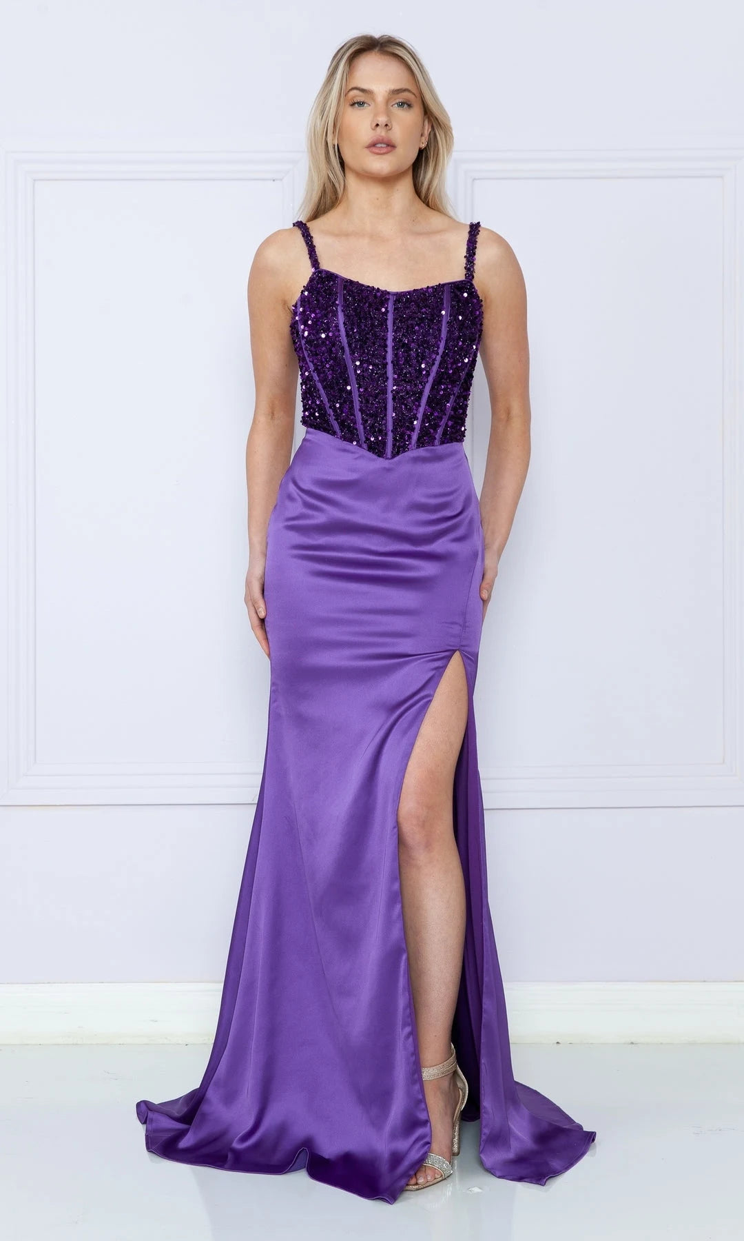 Elegant Fitted Scoop Sleeveless Sequin Slit Purple Long Prom Dresses Women Gown