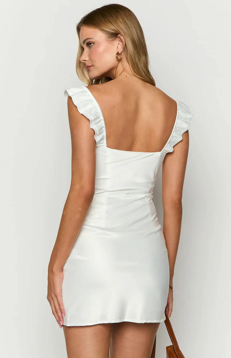 Elegant Fitted Square Neck Sleeveless Ruffled Strap White Mini Homecoming Dress Women's