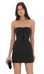 Elegant Fitted Strapless Bow-Accent Black Mini Homecoming Dress Women's