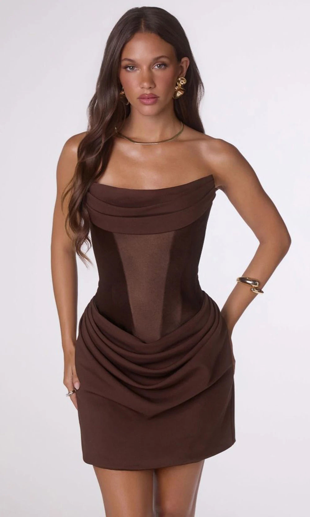 Elegant Fitted Strapless Sleeveless Corset Draped Burgundy Mini Homecoming Dress for Women