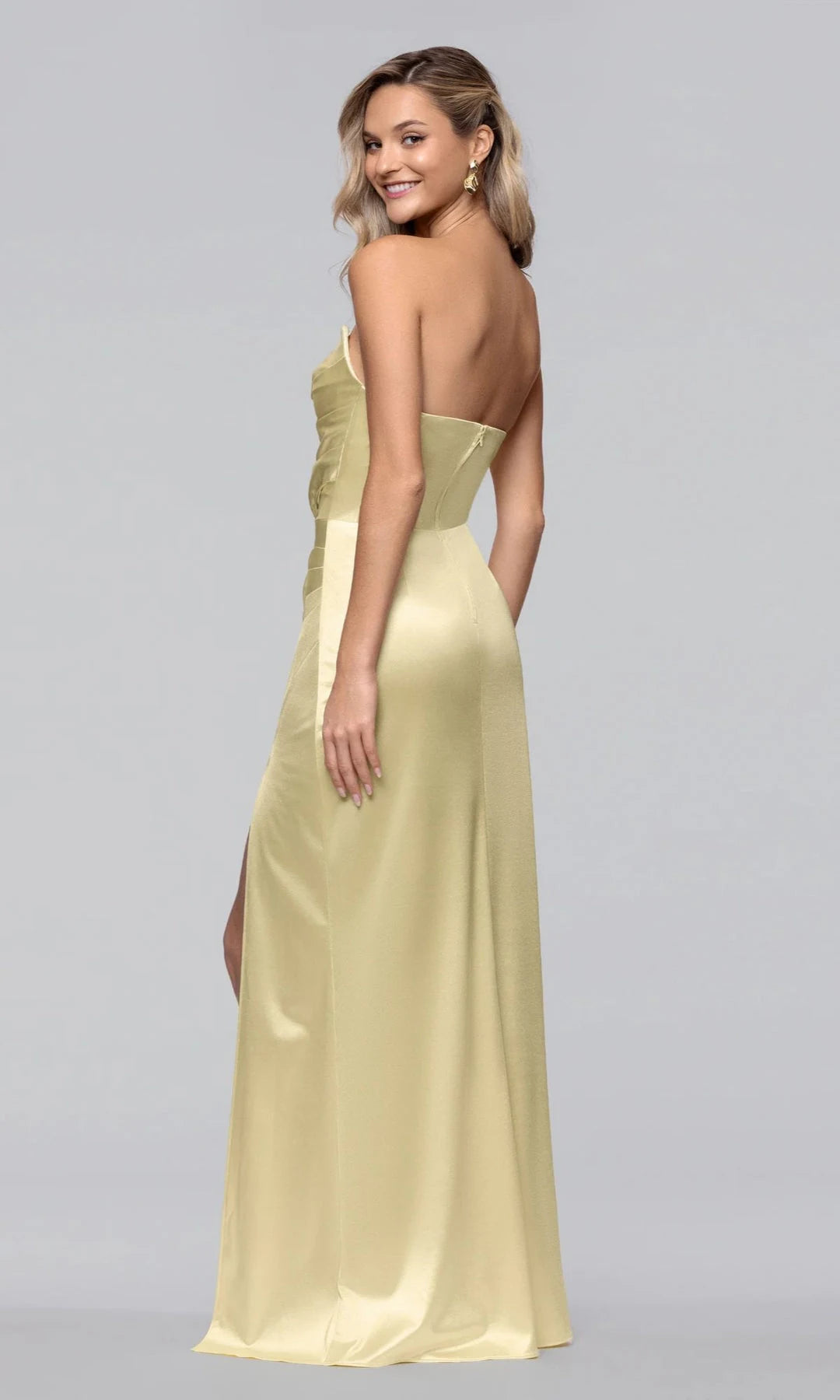 Elegant Fitted Strapless Sleeveless Ruched Slit Yellow Prom Dresses Women Gown