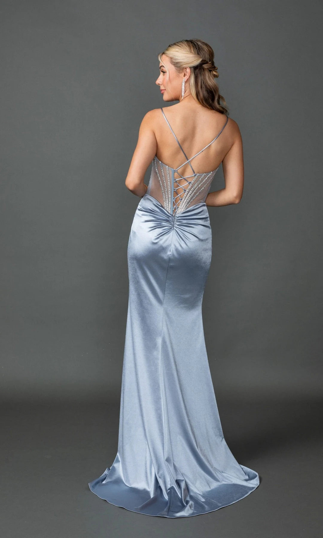 Elegant Fitted Sweetheart Sleeveless Beaded-Corset High-Slit Blue Maxi Prom Dresses Gown