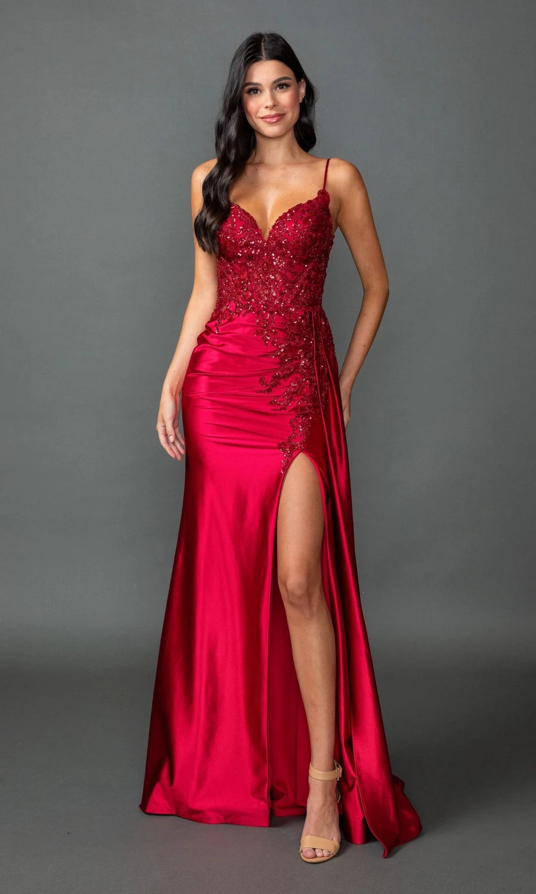 Elegant Fitted Sweetheart Sleeveless Beaded Slit Red Long Prom Dresses Gown
