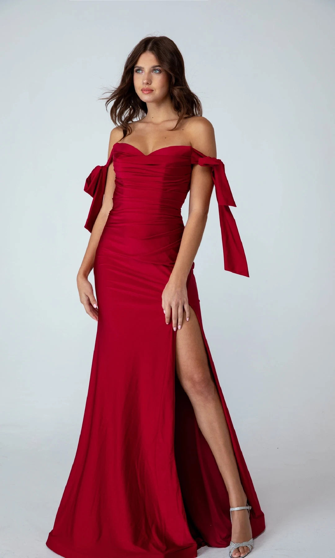 Elegant Fitted Sweetheart Sleeveless Ruched Slit Red Maxi Prom Dresses Women