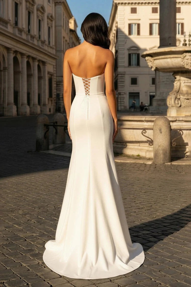 Elegant Fitted Sweetheart Sleeveless Sequin Slit White Floor-Length Prom Gown