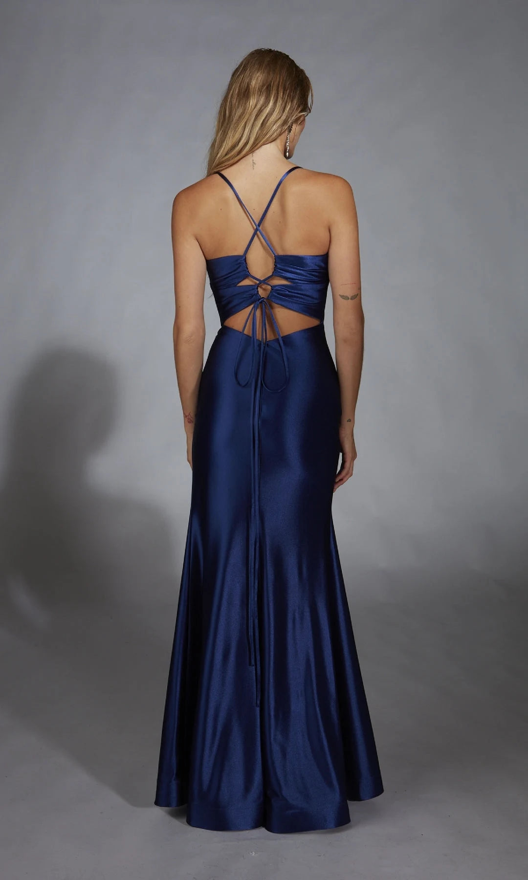 Elegant Fitted V-Neck Sleeveless Backless Slit Navy Long Prom Dresses Women