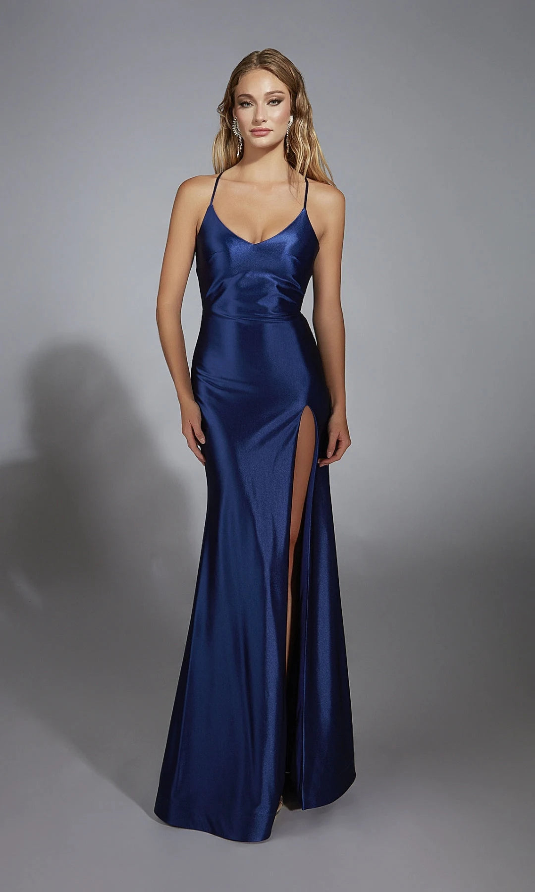 Elegant Fitted V-Neck Sleeveless Backless Slit Navy Long Prom Dresses Women