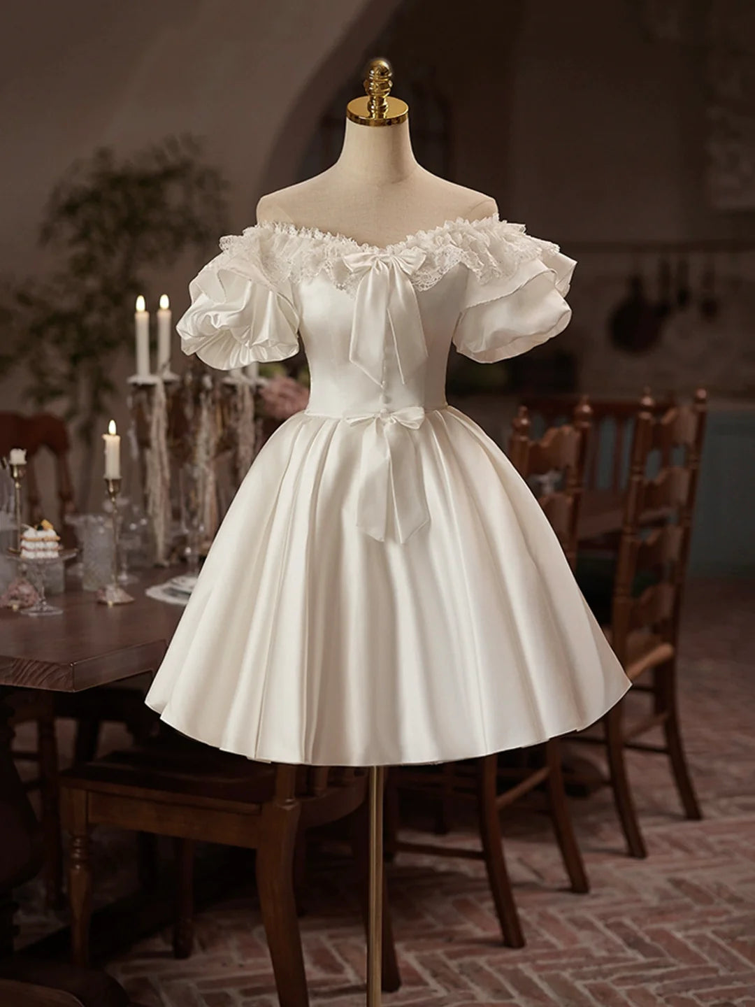 Elegant Ivory A-Line Off-Shoulder Puffy Sleeve Lace-Up Back Short Homecoming Dresses