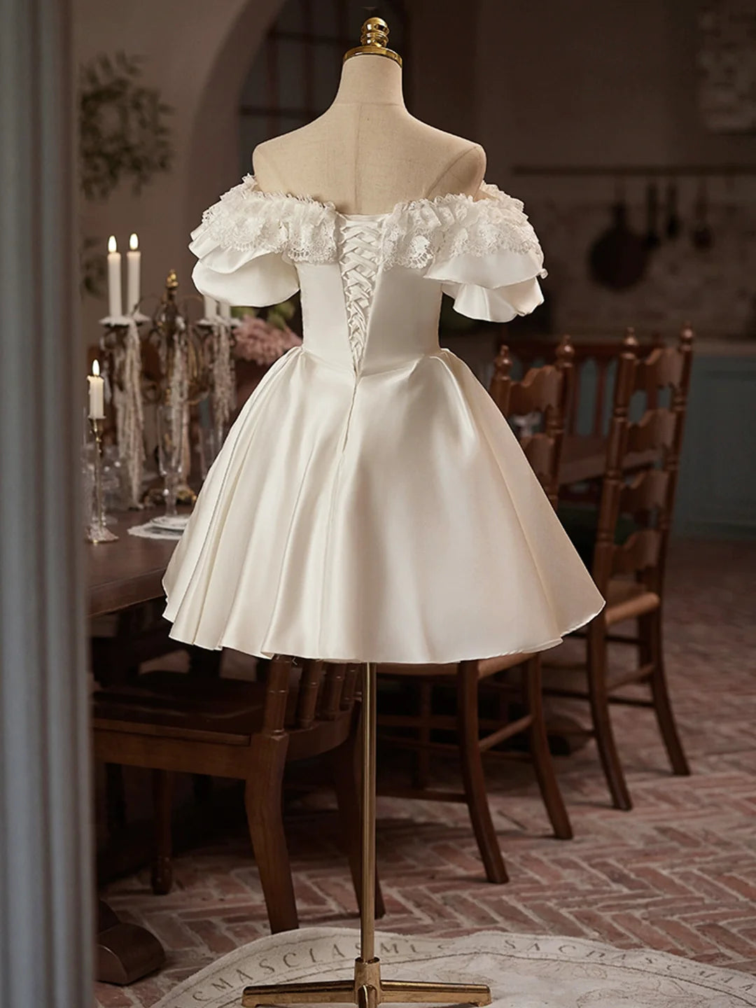 Elegant Ivory A-Line Off-Shoulder Puffy Sleeve Lace-Up Back Short Homecoming Dresses