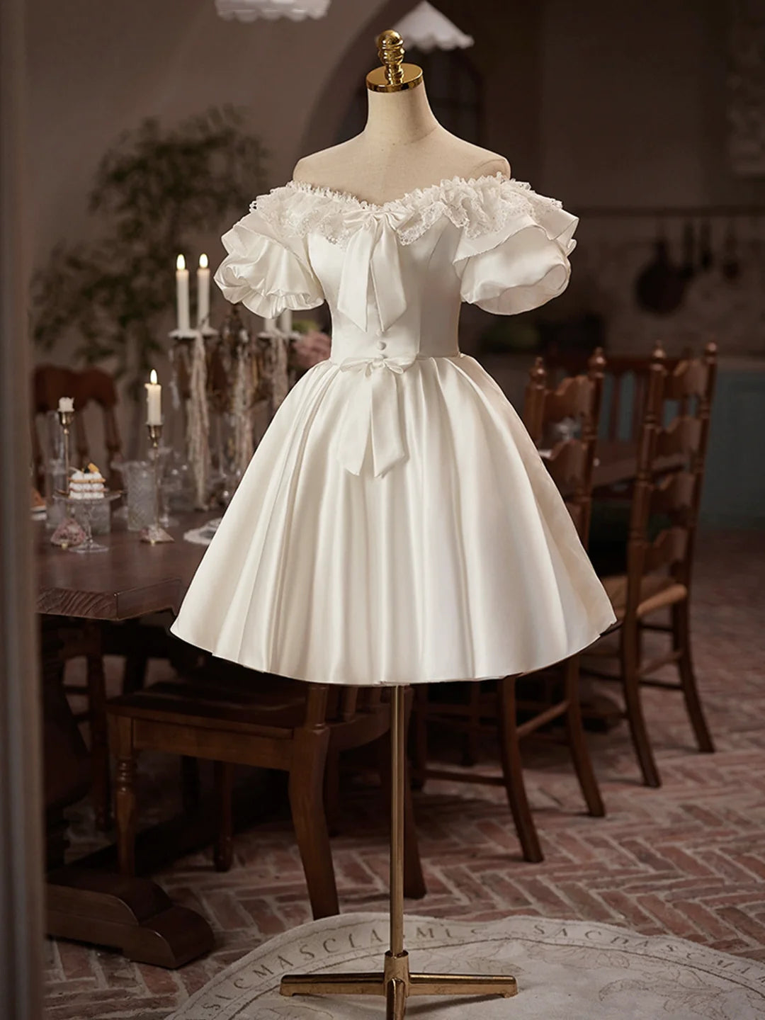Elegant Ivory A-Line Off-Shoulder Puffy Sleeve Lace-Up Back Short Homecoming Dresses