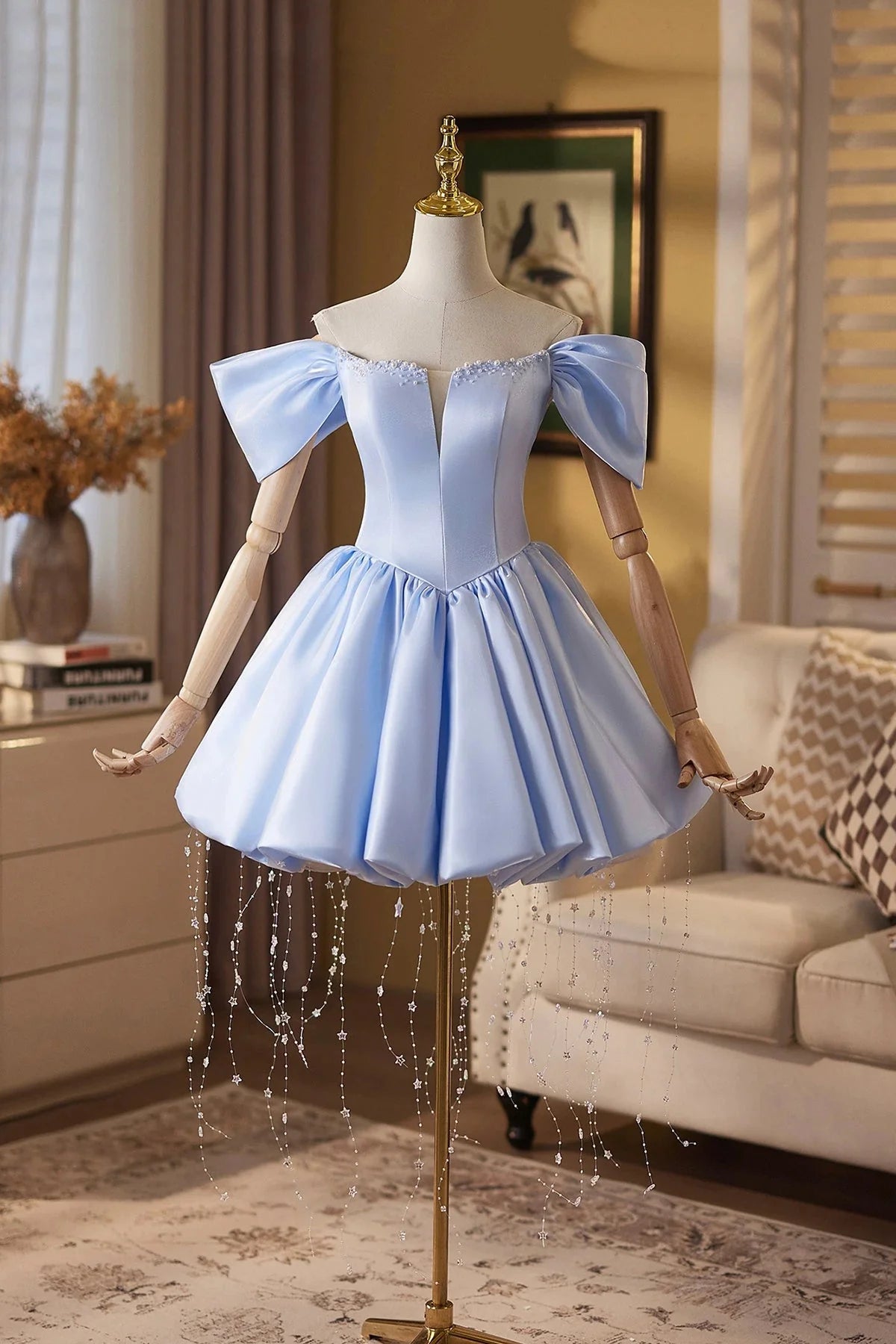 Elegant Light Blue A-Line Sweetheart Off-Shoulder Puffy Short Sleeve Lace-Up Back Mini Homecoming Dress