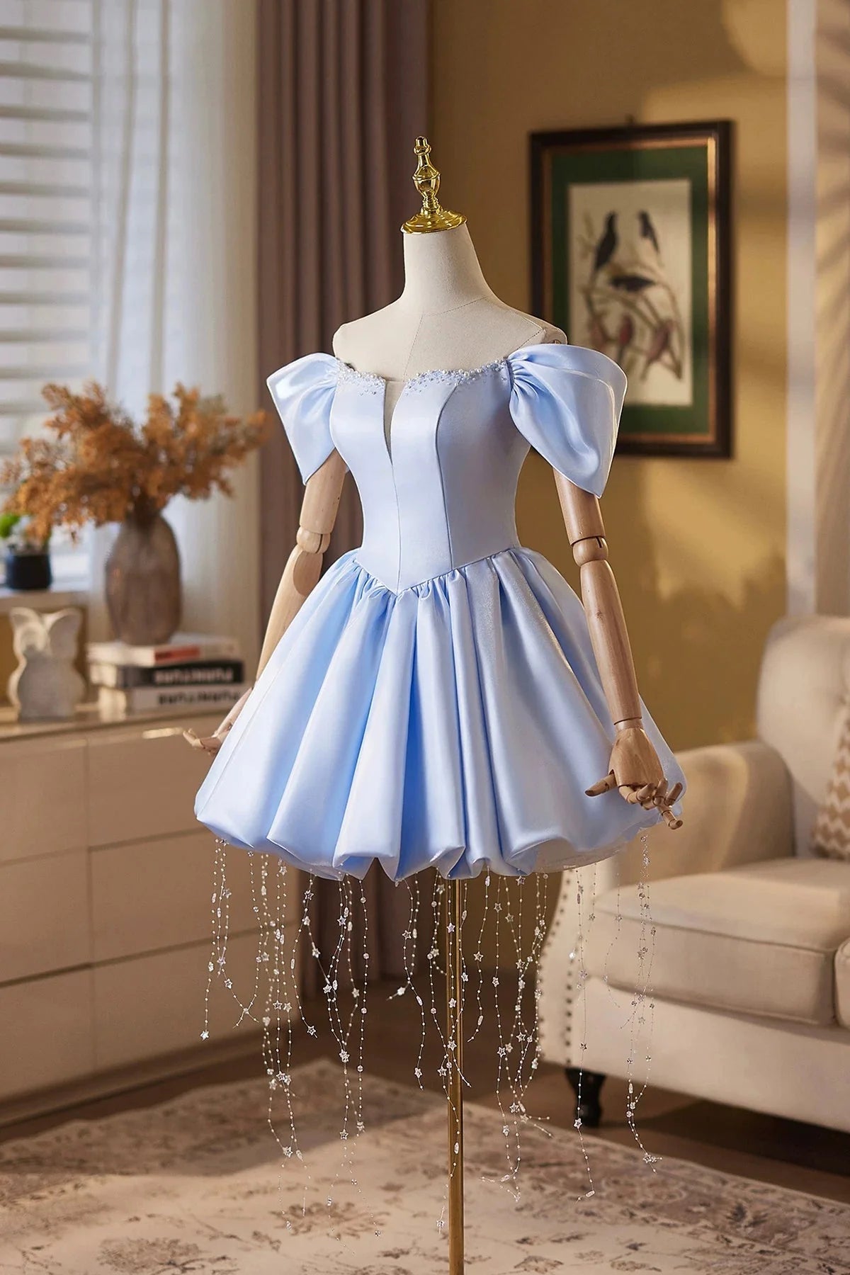 Elegant Light Blue A-Line Sweetheart Off-Shoulder Puffy Short Sleeve Lace-Up Back Mini Homecoming Dress