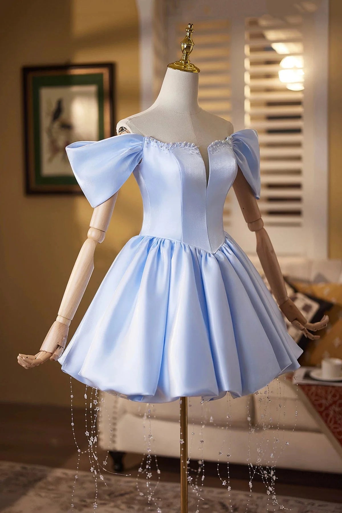 Elegant Light Blue A-Line Sweetheart Off-Shoulder Puffy Short Sleeve Lace-Up Back Mini Homecoming Dress