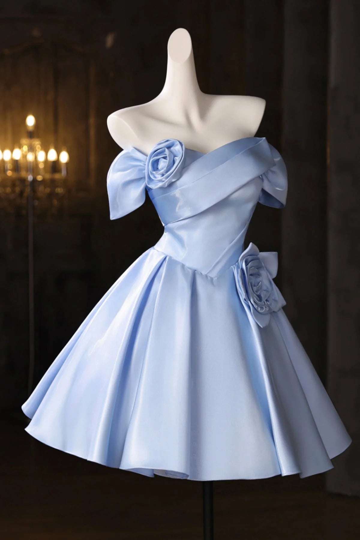 Elegant Light Blue Satin A-Line Off-Shoulder Puffy Sleeve Lace-Up Back Mini Homecoming Dress