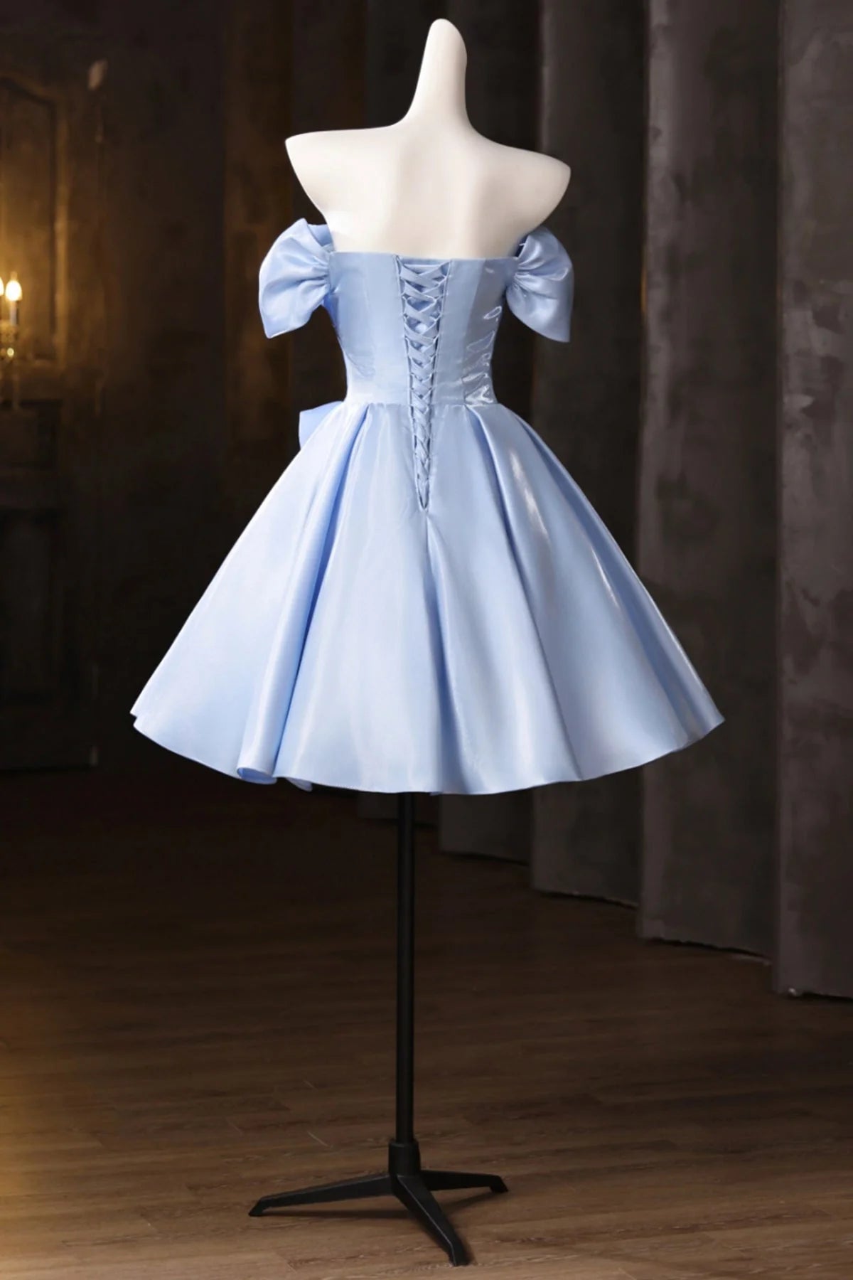 Elegant Light Blue Satin A-Line Off-Shoulder Puffy Sleeve Lace-Up Back Mini Homecoming Dress