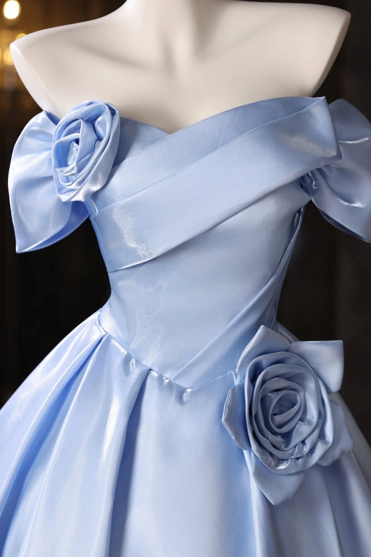 Elegant Light Blue Satin A-Line Off-Shoulder Puffy Sleeve Lace-Up Back Mini Homecoming Dress