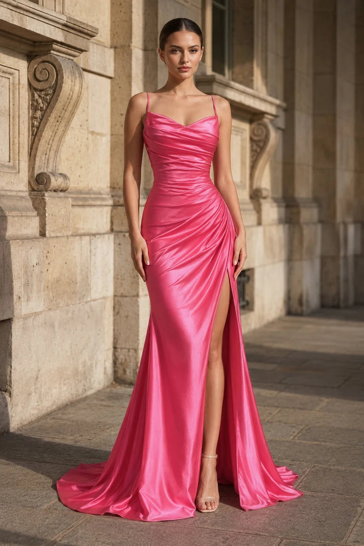 Elegant Mermaid Cowl Neck Sleeveless Ruched High Slit Hot Pink Prom Gown
