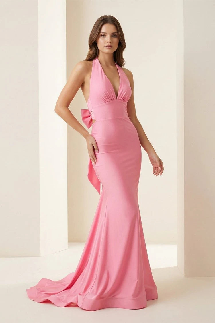 Elegant Mermaid Halter Sleeveless Backless Bow Pink Floor-Length Prom Gown