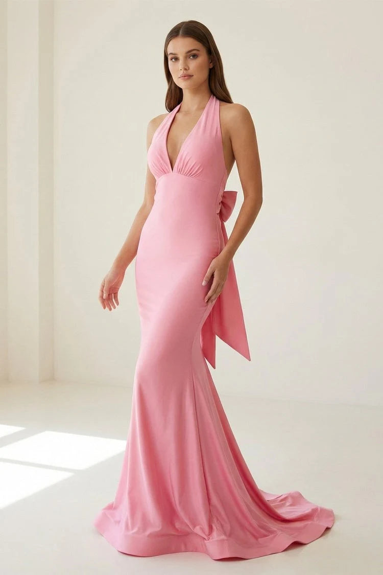 Elegant Mermaid Halter Sleeveless Backless Bow Pink Long Prom Dress