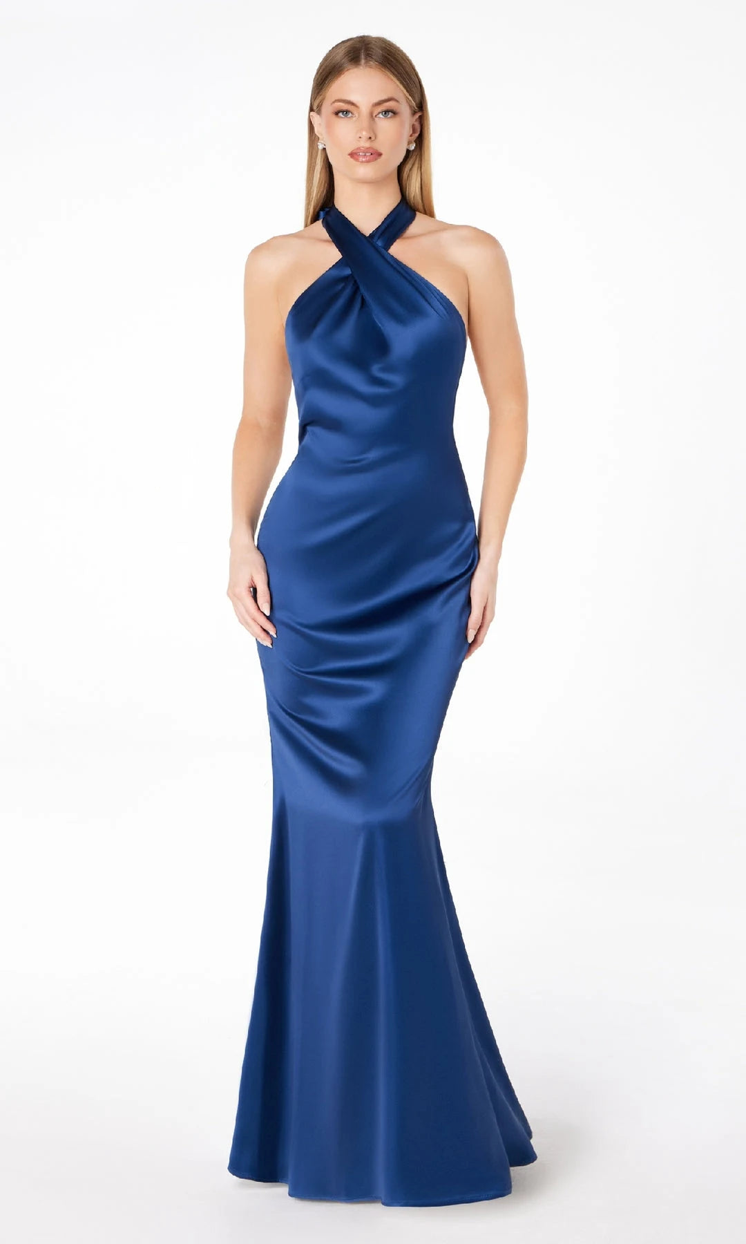 Elegant Mermaid Halter Sleeveless Backless Drape Blue Long Prom Dresses Women