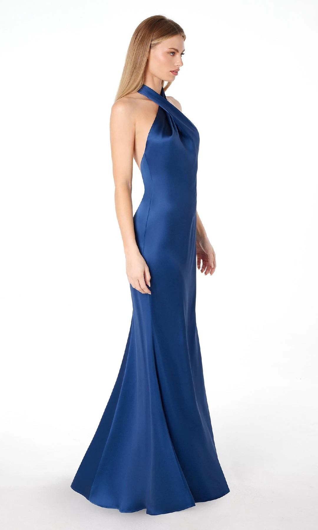 Elegant Mermaid Halter Sleeveless Backless Drape Blue Long Prom Dresses Women
