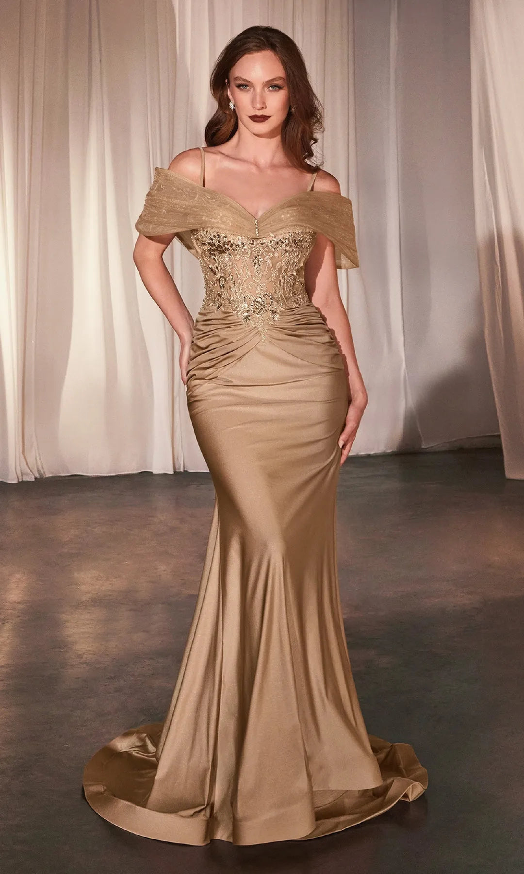 Elegant Mermaid Off-Shoulder Embellished Ruched Gold Floor-Length Prom Dresses Women's Gown