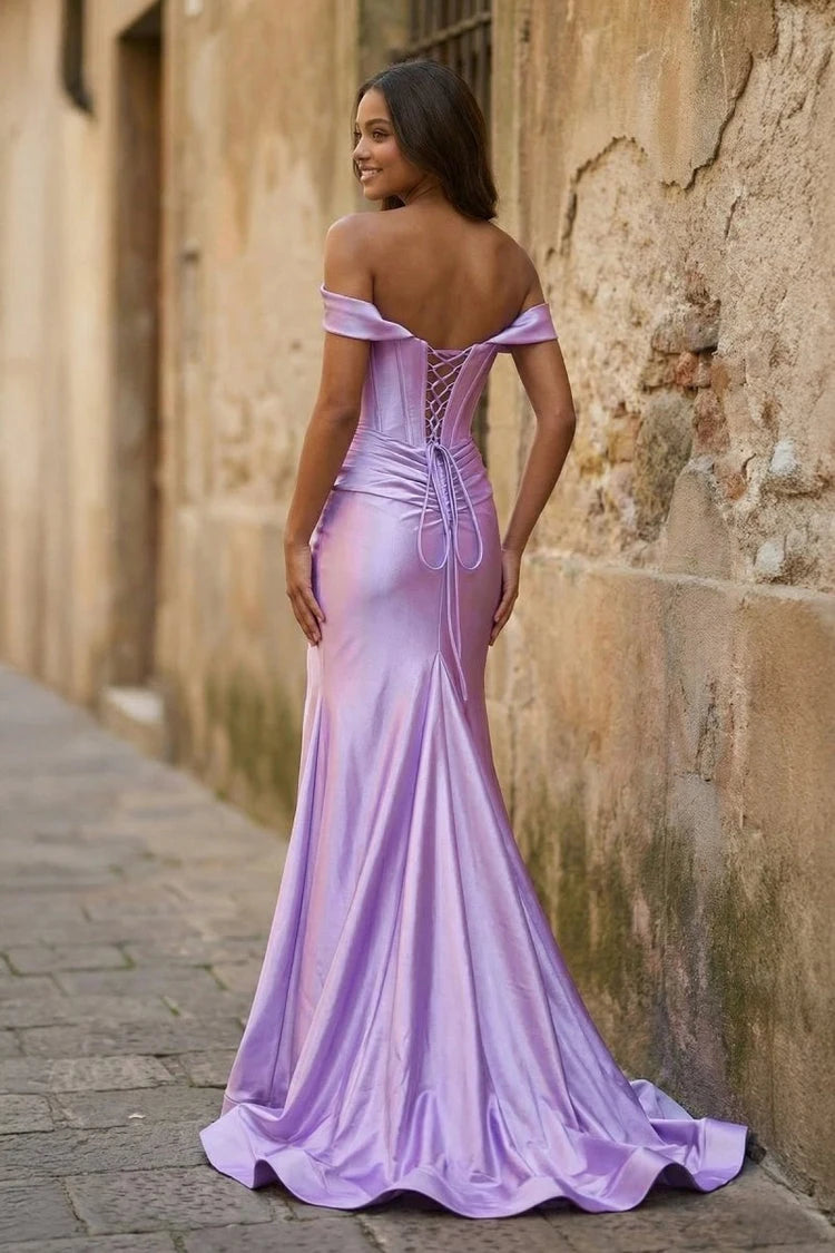 Elegant Mermaid Off-Shoulder Ruched Shimmering Lavender Floor-Length Prom Dress