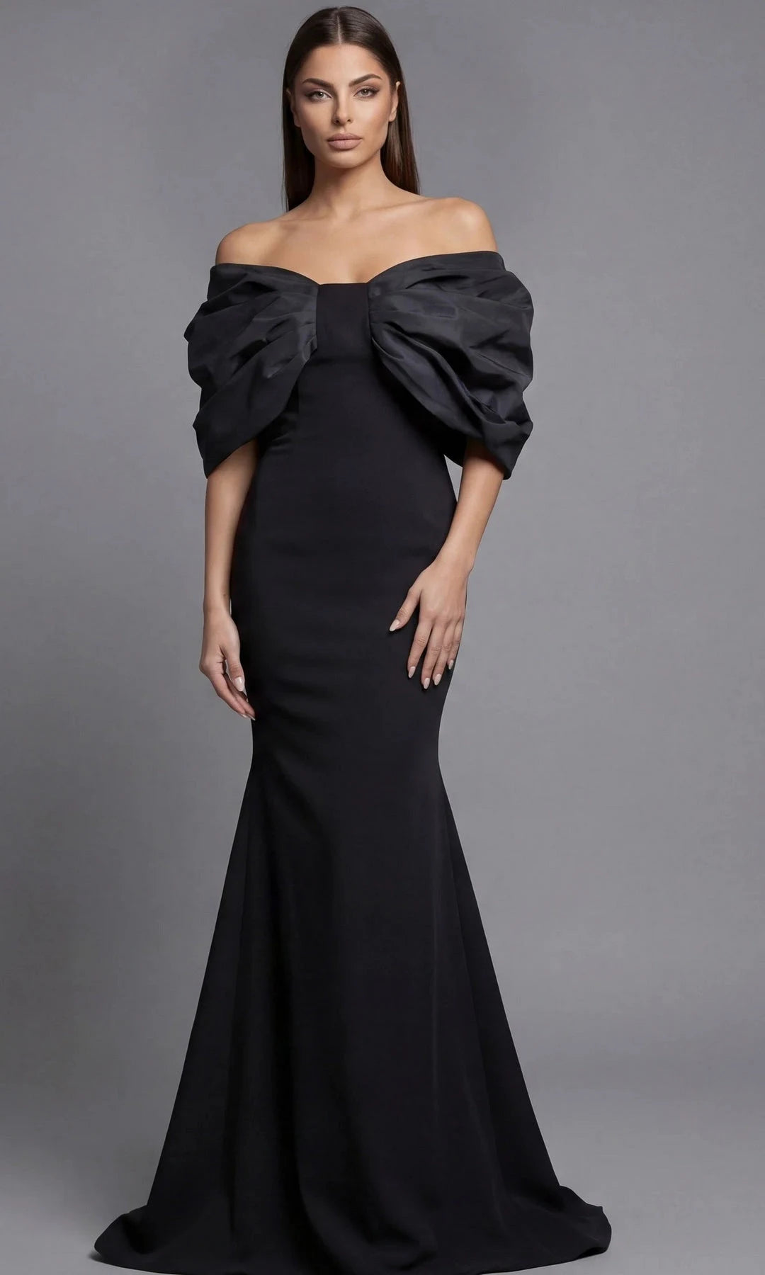 Elegant Mermaid Off-Shoulder Short Sleeve Pleated Black Long Prom Dresses Gown