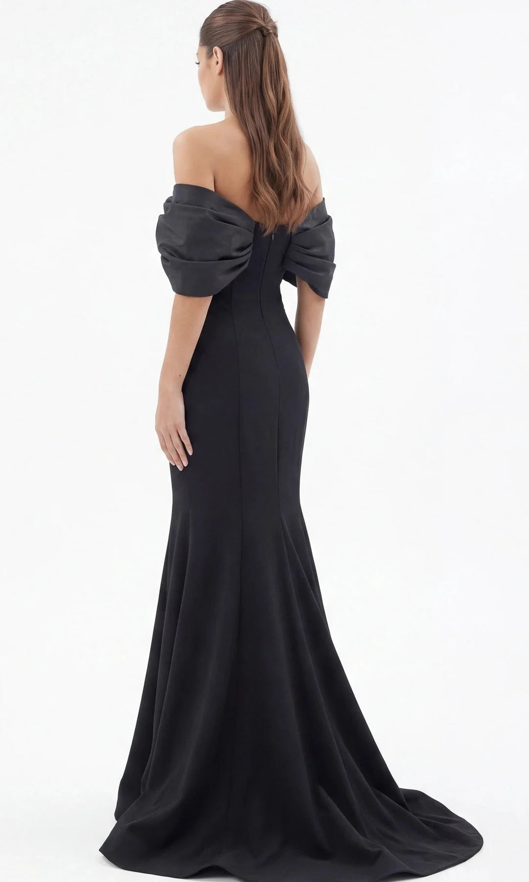 Elegant Mermaid Off-Shoulder Short Sleeve Pleated Black Long Prom Dresses Gown