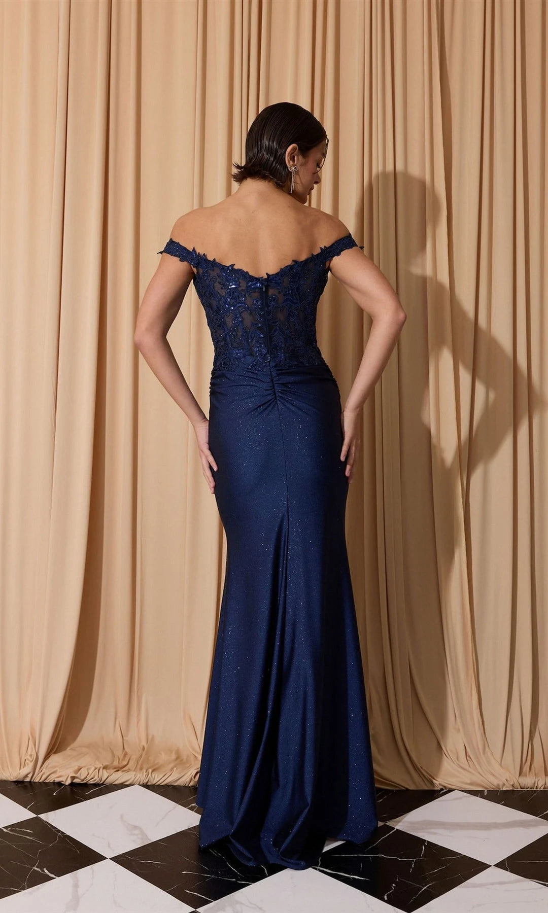 Elegant Mermaid Off-Shoulder Sleeveless Corset Slit Navy Long Prom Dresses Women