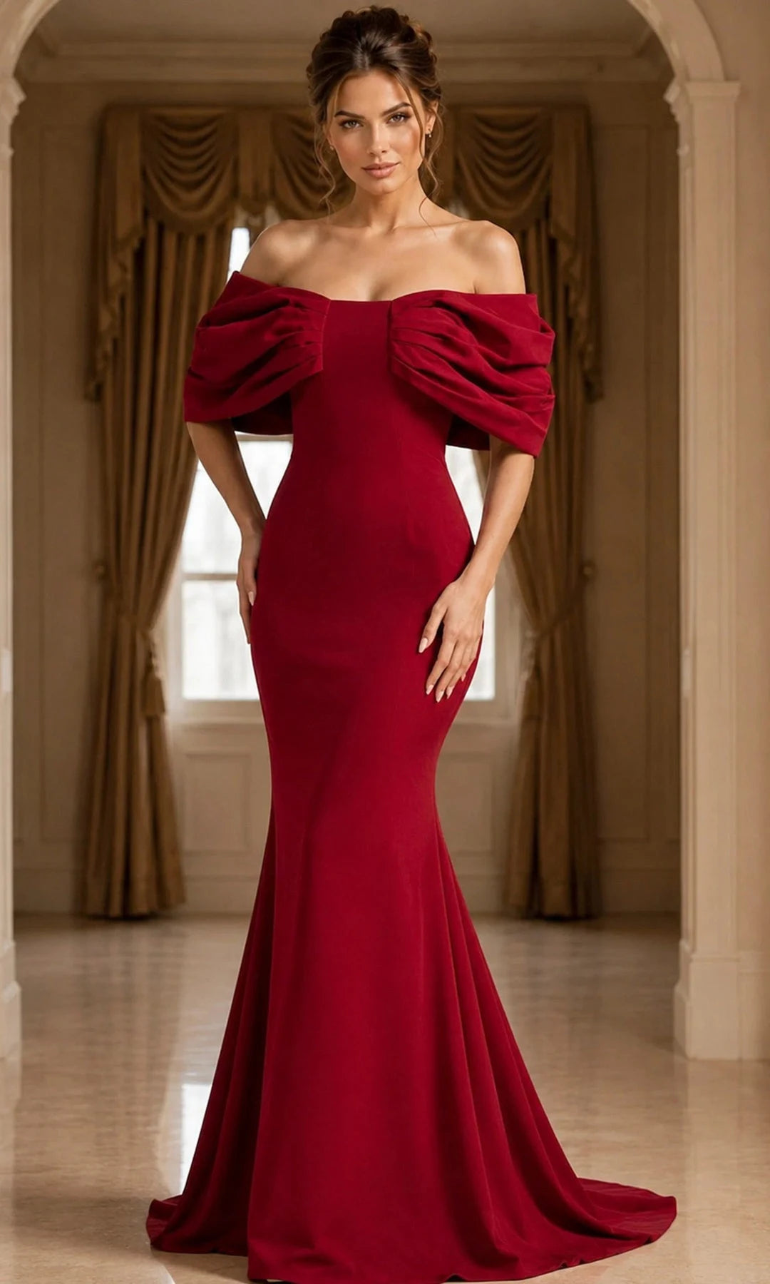 Elegant Mermaid Off-Shoulder Sleeveless Pleated Draped Burgundy Long Prom Dresses Gown