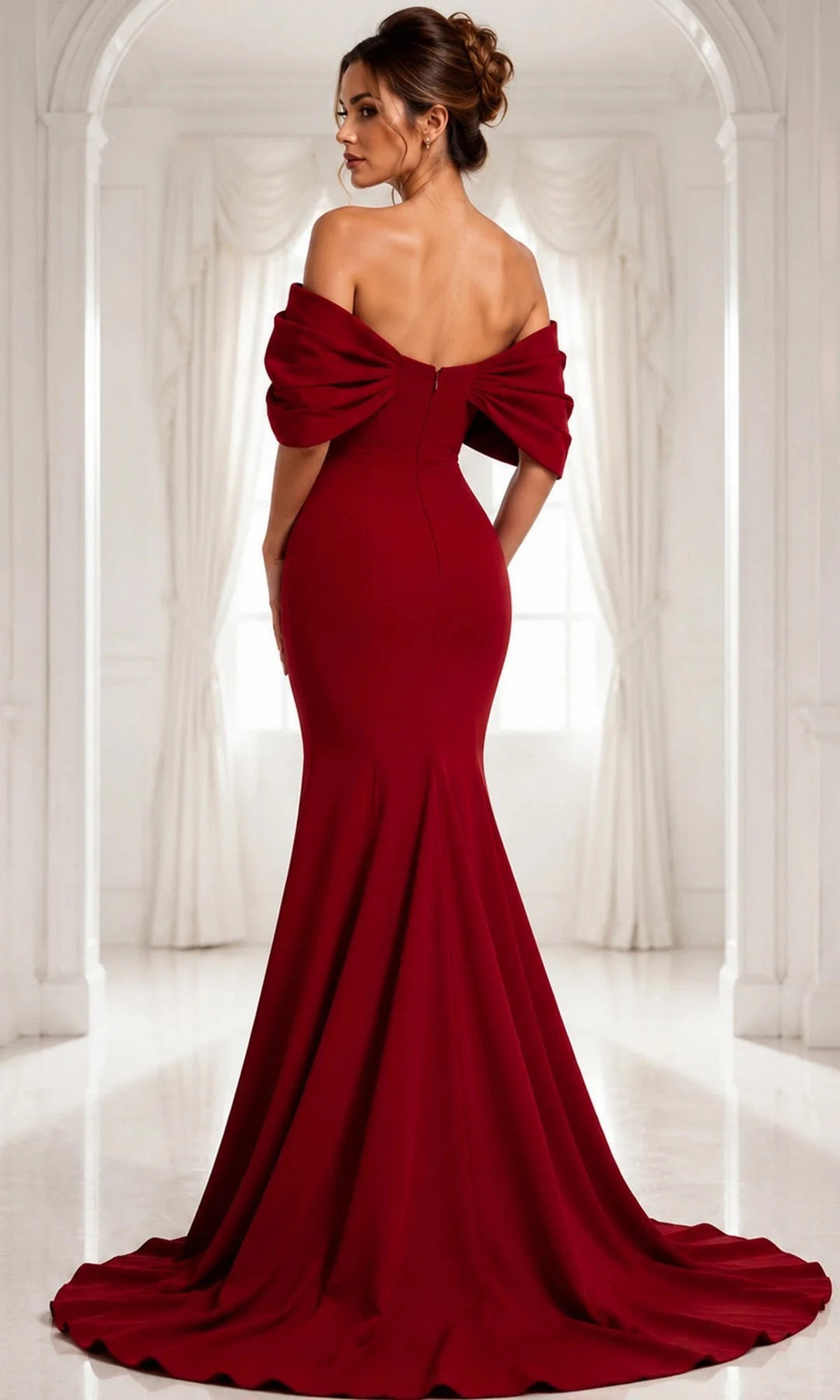 Elegant Mermaid Off-Shoulder Sleeveless Pleated Draped Burgundy Long Prom Dresses Gown