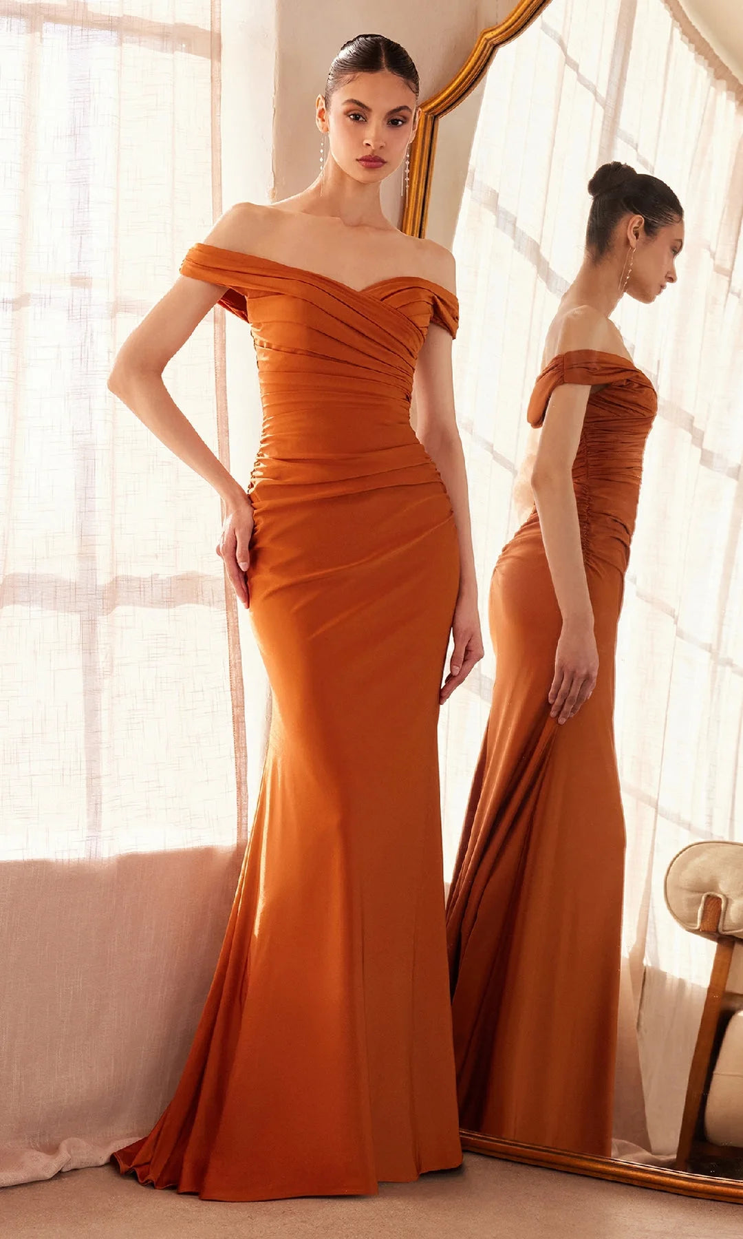 Elegant Mermaid Off-Shoulder Sleeveless Ruched Wrap Rust Maxi Prom Dresses Women