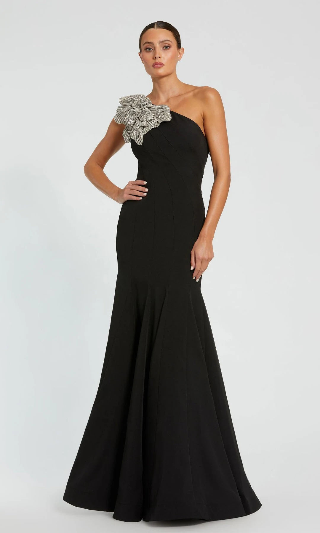 Elegant Mermaid One-Shoulder Sleeveless Beaded Floral Black Floor-Length Prom Dresses Women