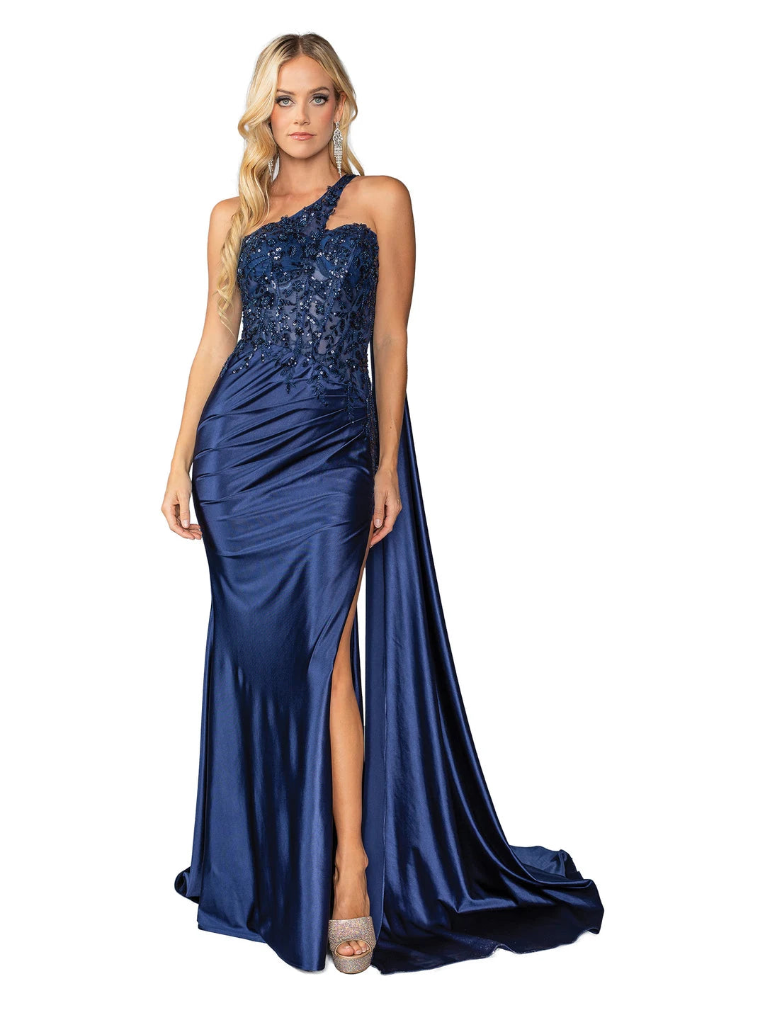 Elegant Mermaid One-Shoulder Sleeveless Sequin Slit Navy Maxi Prom Dresses Gown