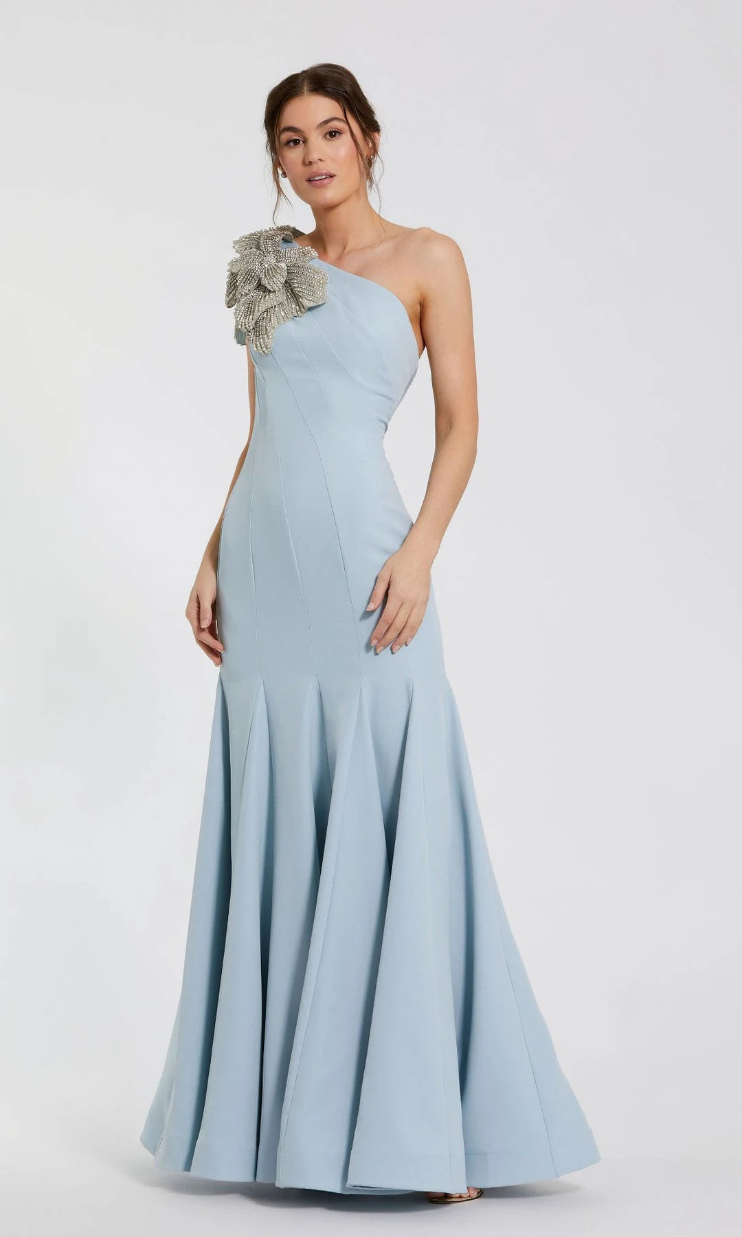 Elegant Mermaid One Shoulder Sleeveless Crystal Blue Maxi Prom Dresses Women