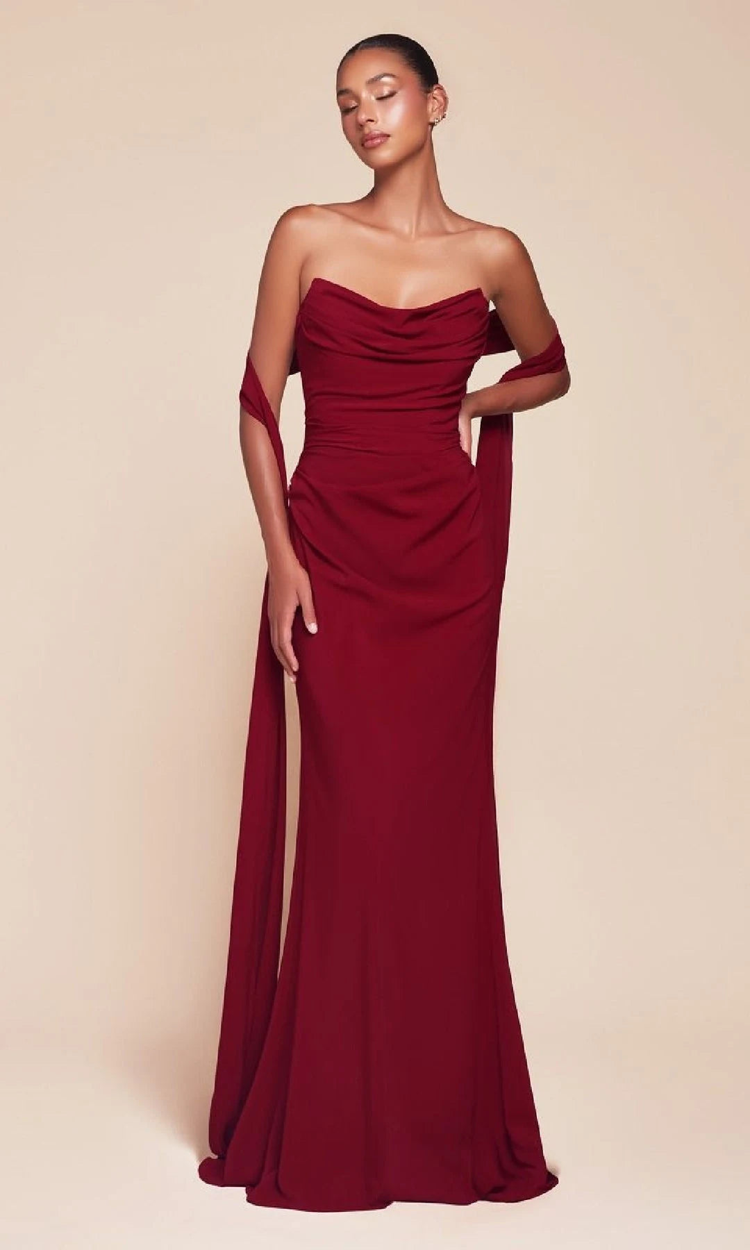 Elegant Mermaid Strapless Draped Wine Red Floor-Length Prom Gown