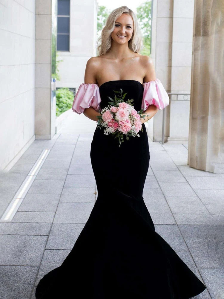 Elegant Mermaid Strapless Puff Sleeve Chic Sophisticated Black Pink Floor-Length Women's Prom Dresses Gown