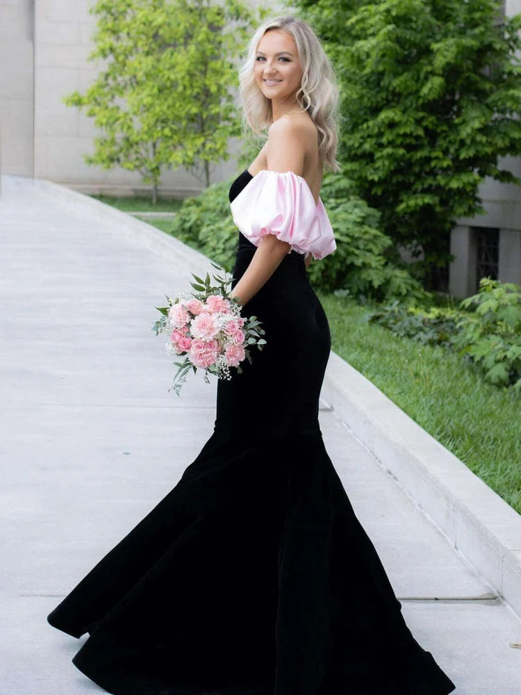 Elegant Mermaid Strapless Puff Sleeve Chic Sophisticated Black Pink Floor-Length Women's Prom Dresses Gown
