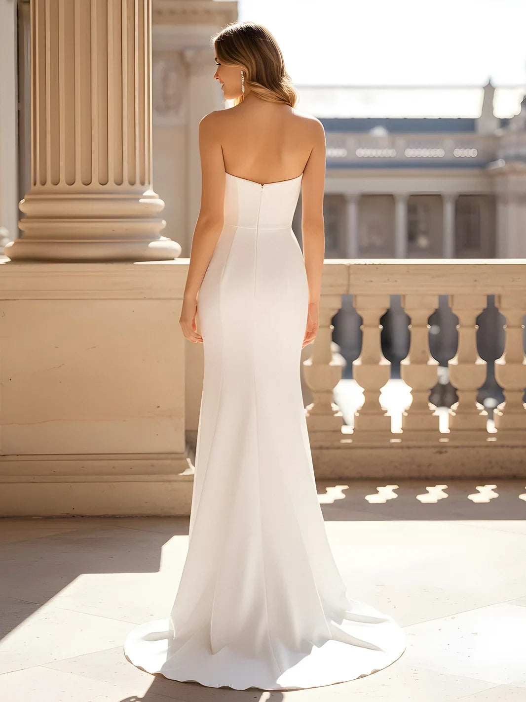 Elegant Mermaid Strapless Ruched Slit White Floor-Length Prom Dress