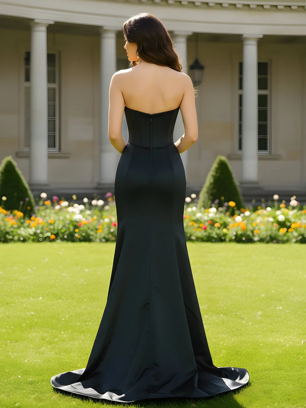 Elegant Mermaid Strapless Sleeveless Beaded Slit Black Floor-Length Prom Gown