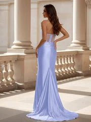 Elegant Mermaid Strapless Sleeveless Chic Slit Lavender Floor-Length Prom Dresses Women's Gown