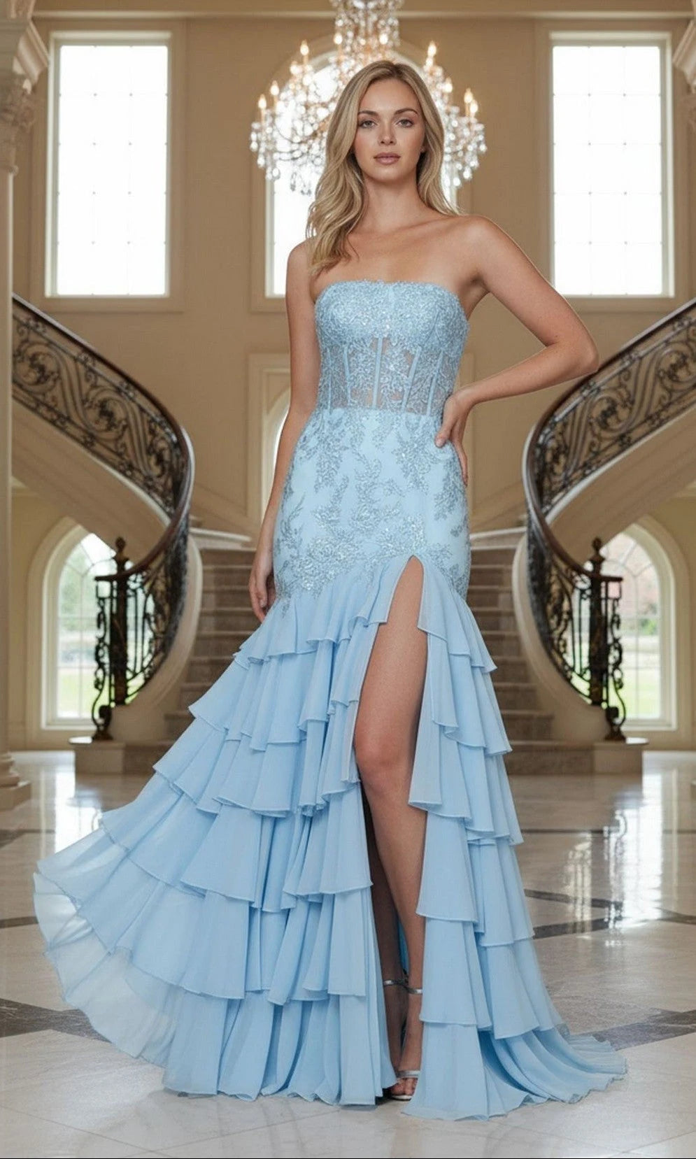 Elegant Mermaid Strapless Sleeveless Tiered Slit Blue Long Prom Dresses Gown