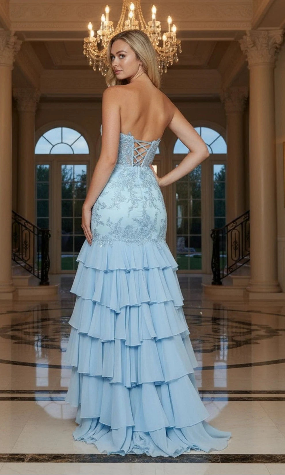 Elegant Mermaid Strapless Sleeveless Tiered Slit Blue Long Prom Dresses Gown