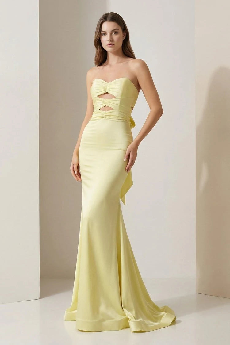 Elegant Mermaid Strapless Sweetheart Cutout Ruched Pale Yellow Floor-Length Prom Dress