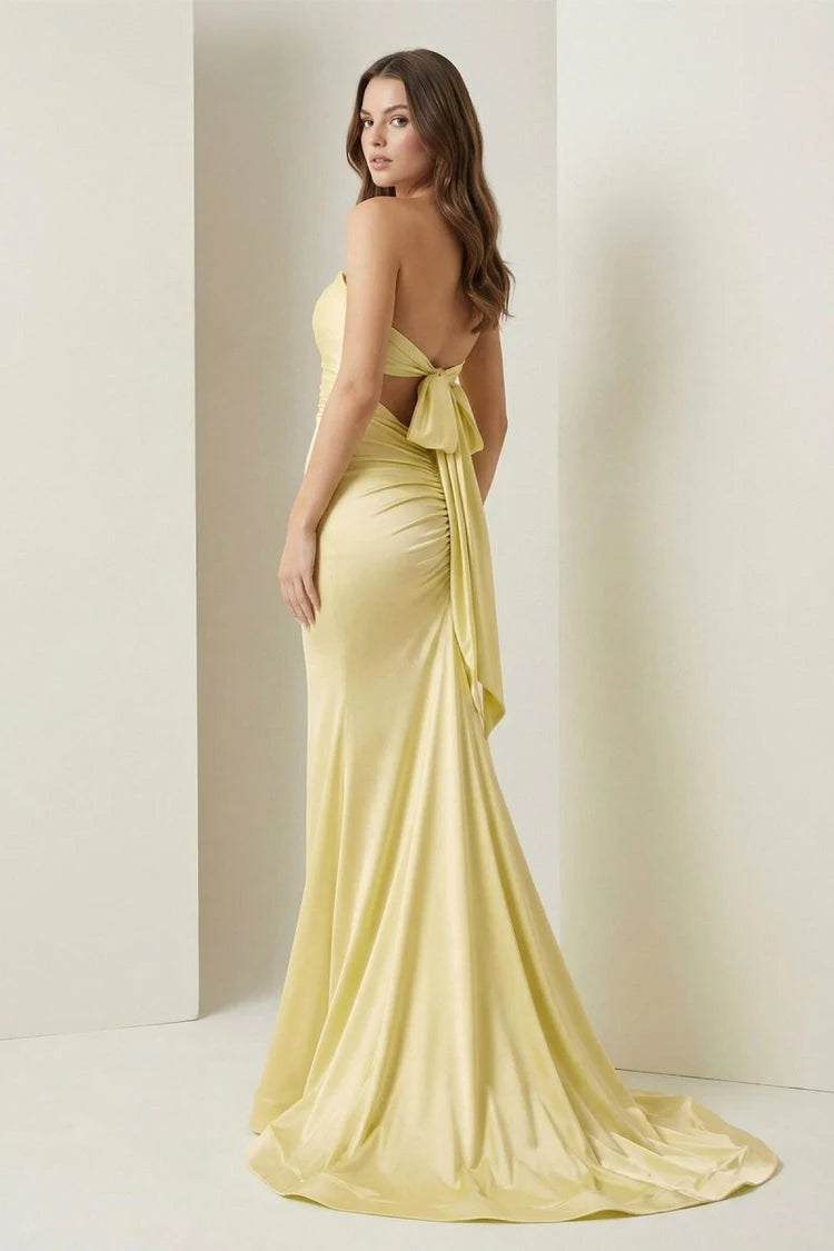 Elegant Mermaid Strapless Sweetheart Cutout Ruched Pale Yellow Floor-Length Prom Dress