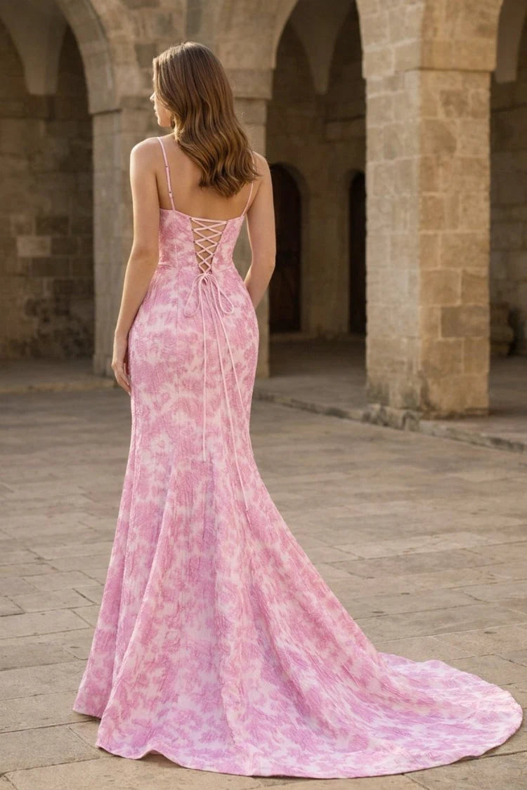 Elegant Mermaid Sweetheart High Slit Lace-Up Pink Patterned Floor-Length Prom Gown