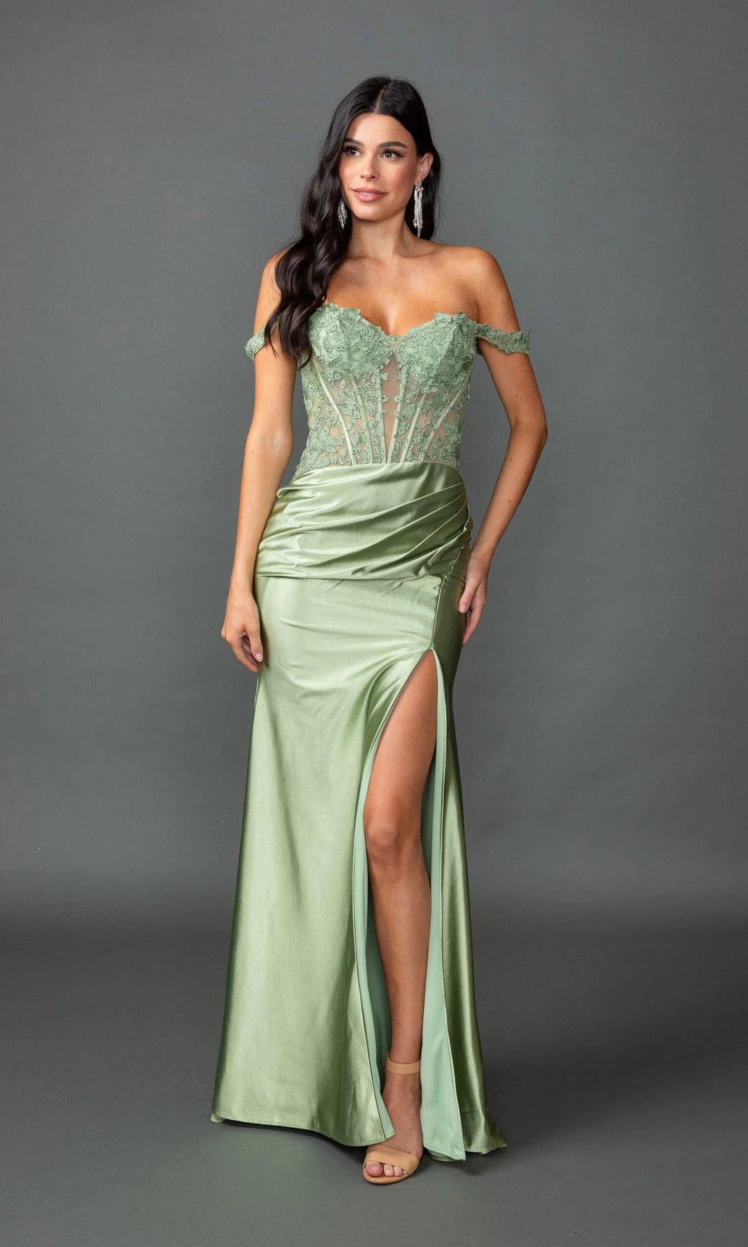 Elegant Mermaid Sweetheart Off-Shoulder Corset Slit Sage Prom Dresses Women Gown