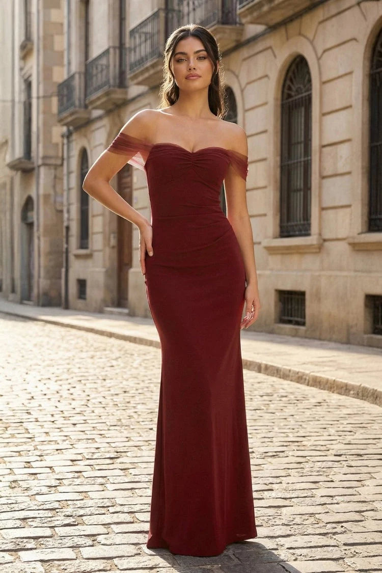 Elegant Mermaid Sweetheart Off-Shoulder Lace-Up Burgundy Floor-Length Prom Dress